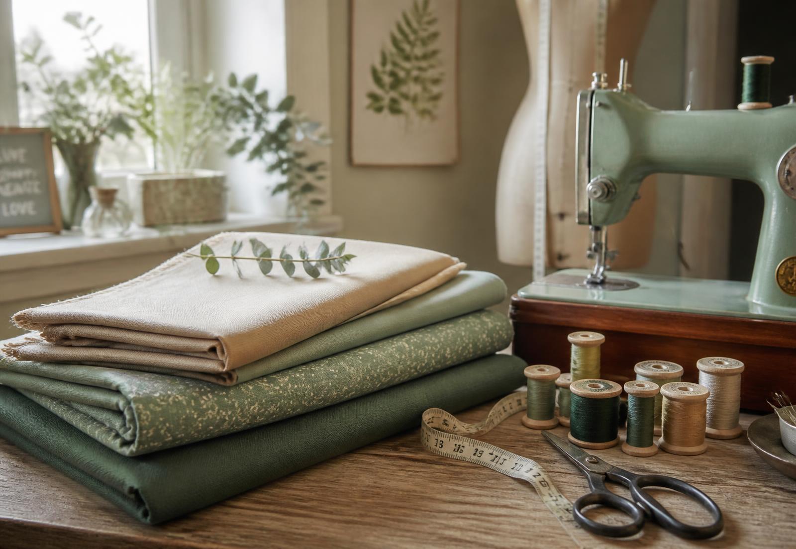 Folded sage and tan fabric beside a vintage sewing machine and wooden thread spools