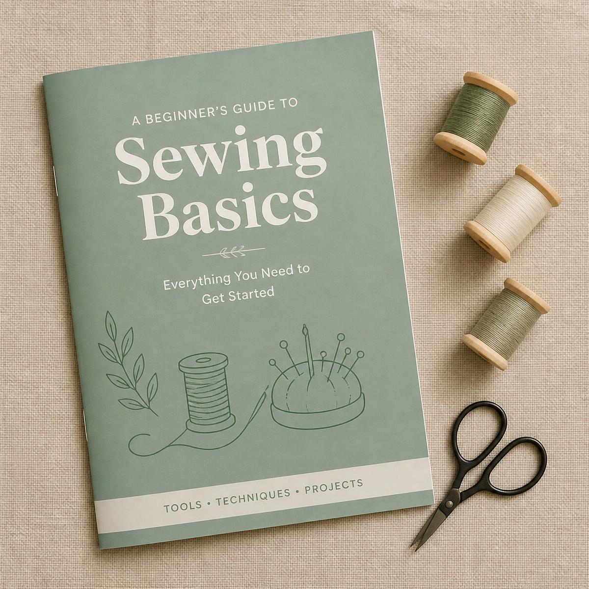 Sewing Basics beginner guide booklet with thread spools and scissors
