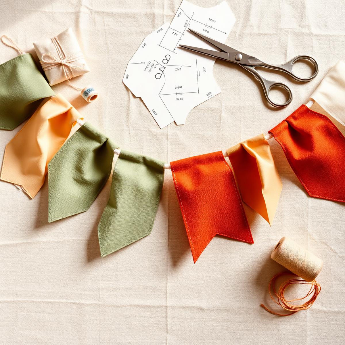 Finished fabric holiday banner in sage, cream, and terracotta with pattern pieces and scissors